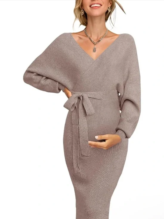 V-Neck Belted Maternity Sweater Dress in Taupe - Picture 1 of 8